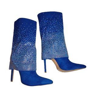 Vivianly Womens Pointed Toe Stiletto Heel Rhinestones Mid-Calf Boots Size 9 Blue